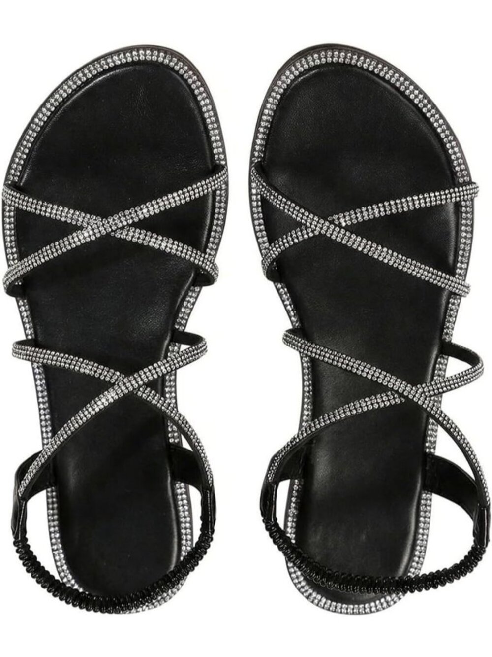 Women's Black Glitter Summer Glitter Open Toe Sparkly Rhinestone Flat Sandals